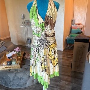 Chetta B Asymmetrical Floral Dress - Green, Brown, Cream